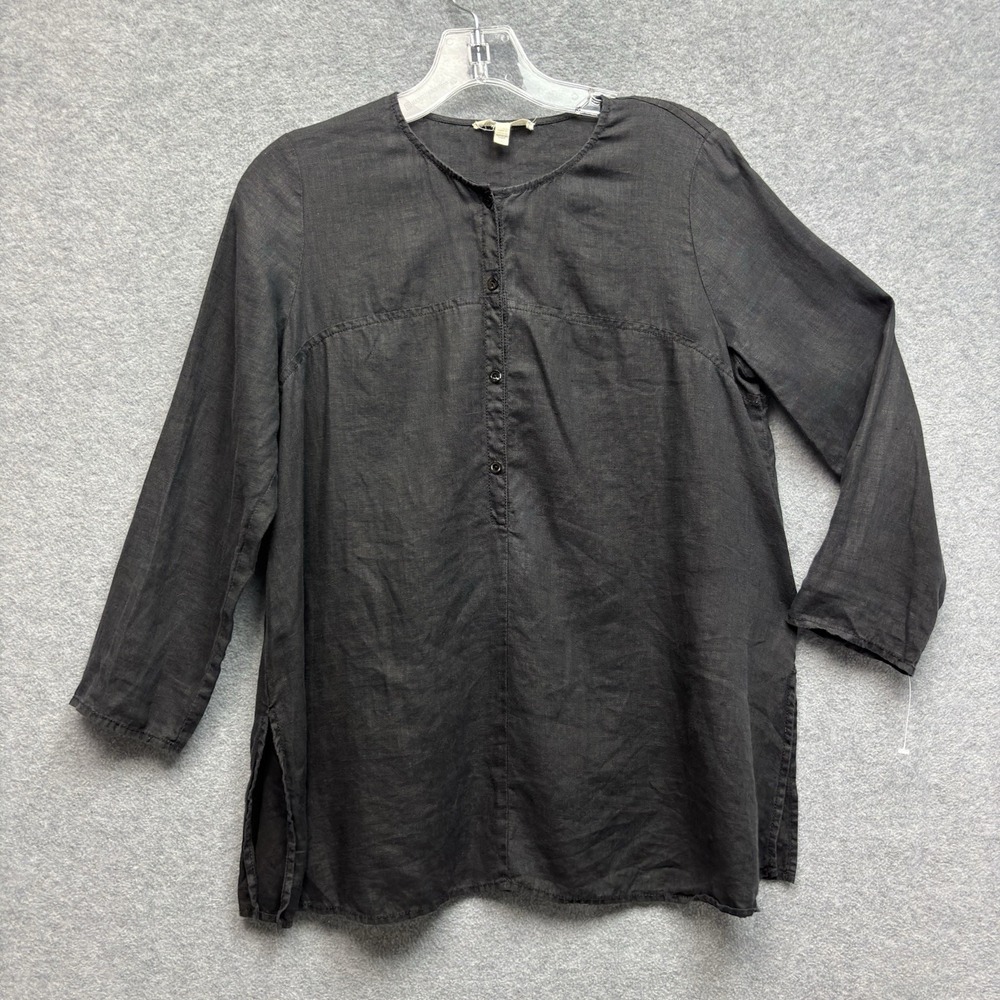 Eileen Fisher Irish Linen Blouse Sz S Tunic Lagenlook Black Long Sleeve Buttons